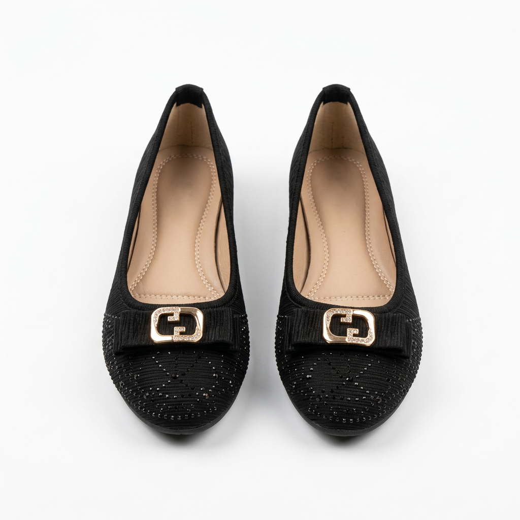 Complete pair of black textured gold-buckle ballet flats without support rods