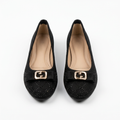 Complete pair of black textured gold-buckle ballet flats without support rods