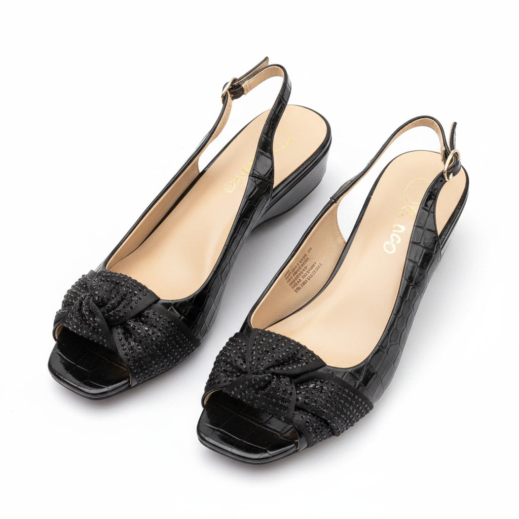 Women's Croc-Embossed Bow Slingback Low Wedge Sandal - Black Ghost Mannequin