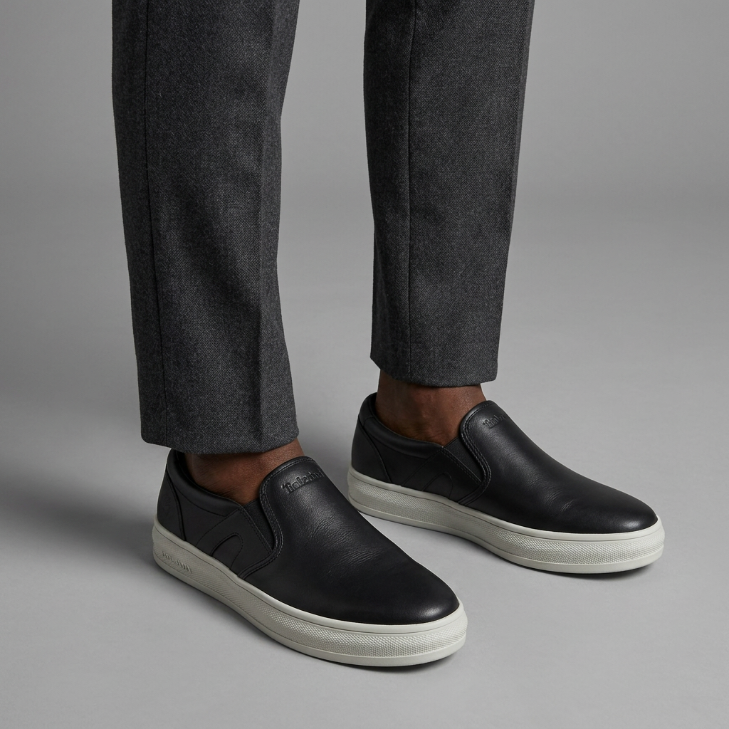 Model wearing black slip-on sneakers with white soles and charcoal trousers