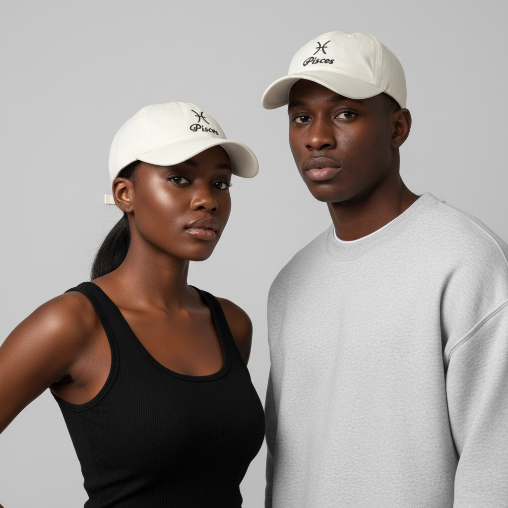 Nigerian Gen Z male and female models wearing cream Pisces zodiac embroidered dad cap
