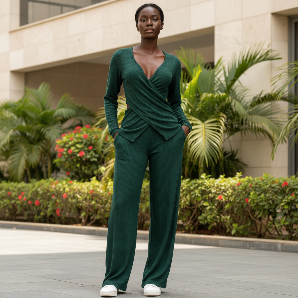 Model wearing forest green wrap knit co-ord set