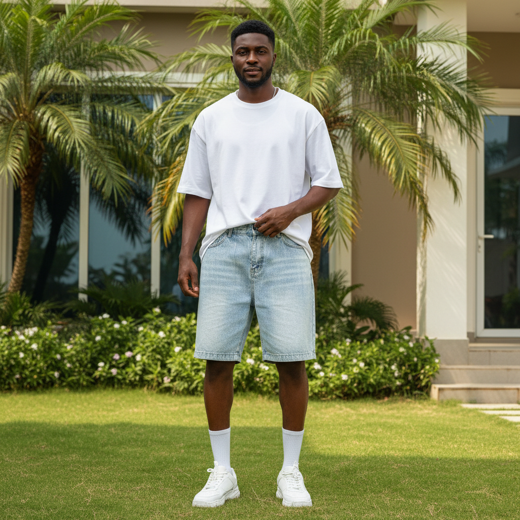 Nigerian male model wearing light blue acid wash relaxed fit denim shorts in upscale outdoor setting