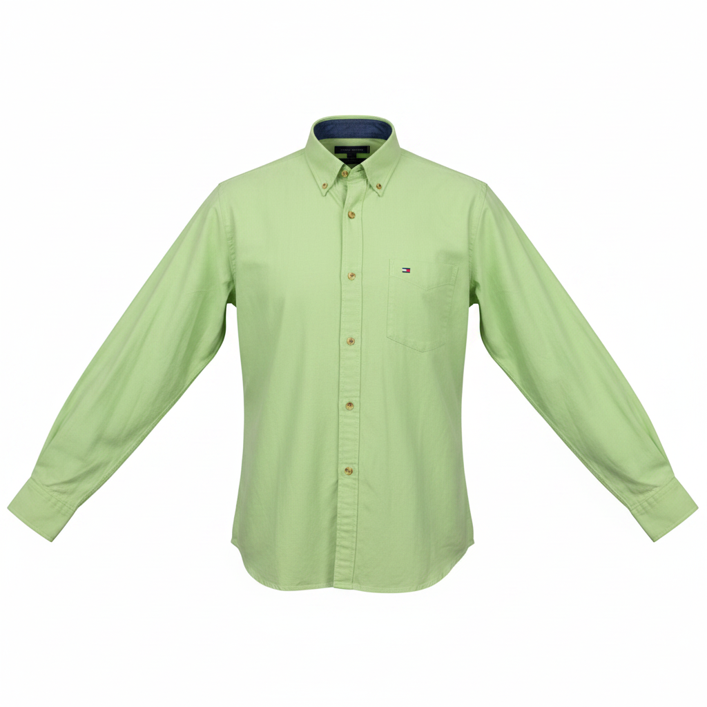 Men's lime green long-sleeve button-down casual shirt displayed on ghost mannequin, white background