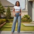 Women's Grey-Blue Rhinestone Floral Bouquet Wide-Leg Jeans - Model Shot