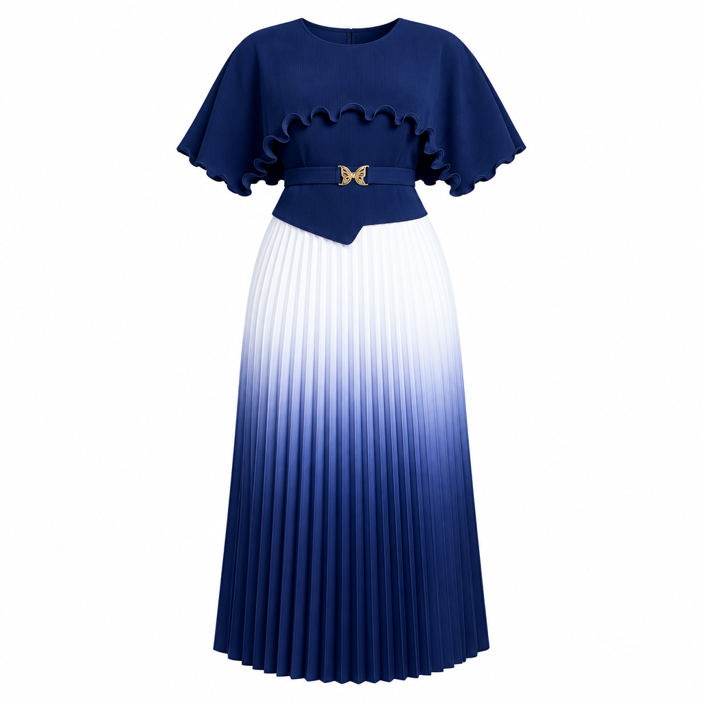 Navy ruffle dress with white-to-blue pleated skirt on white background
