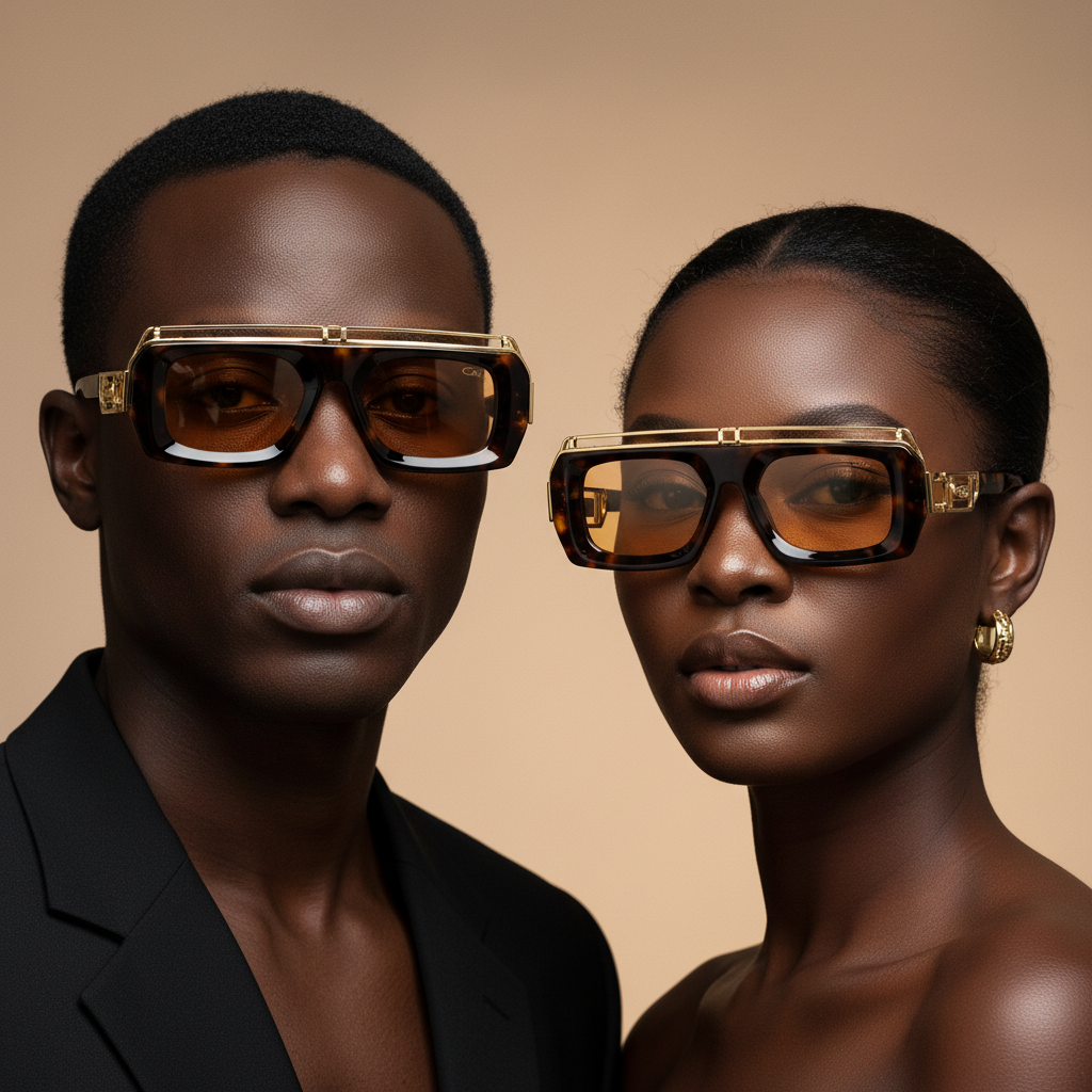Nigerian male and female models wearing oversized flat-top sunglasses tortoiseshell frame amber honey lens gold geometric hardware