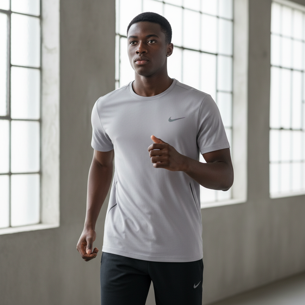 Nike Breathe platinum short-sleeve athletic T-shirt on male model
