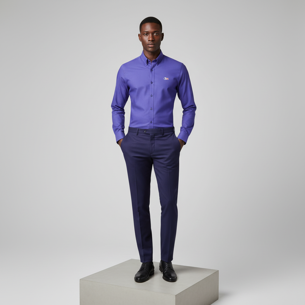 Nigerian male model wearing royal purple plain long-sleeved shirt, front view