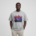 Model wearing the grey Japanese car graphic t-shirt