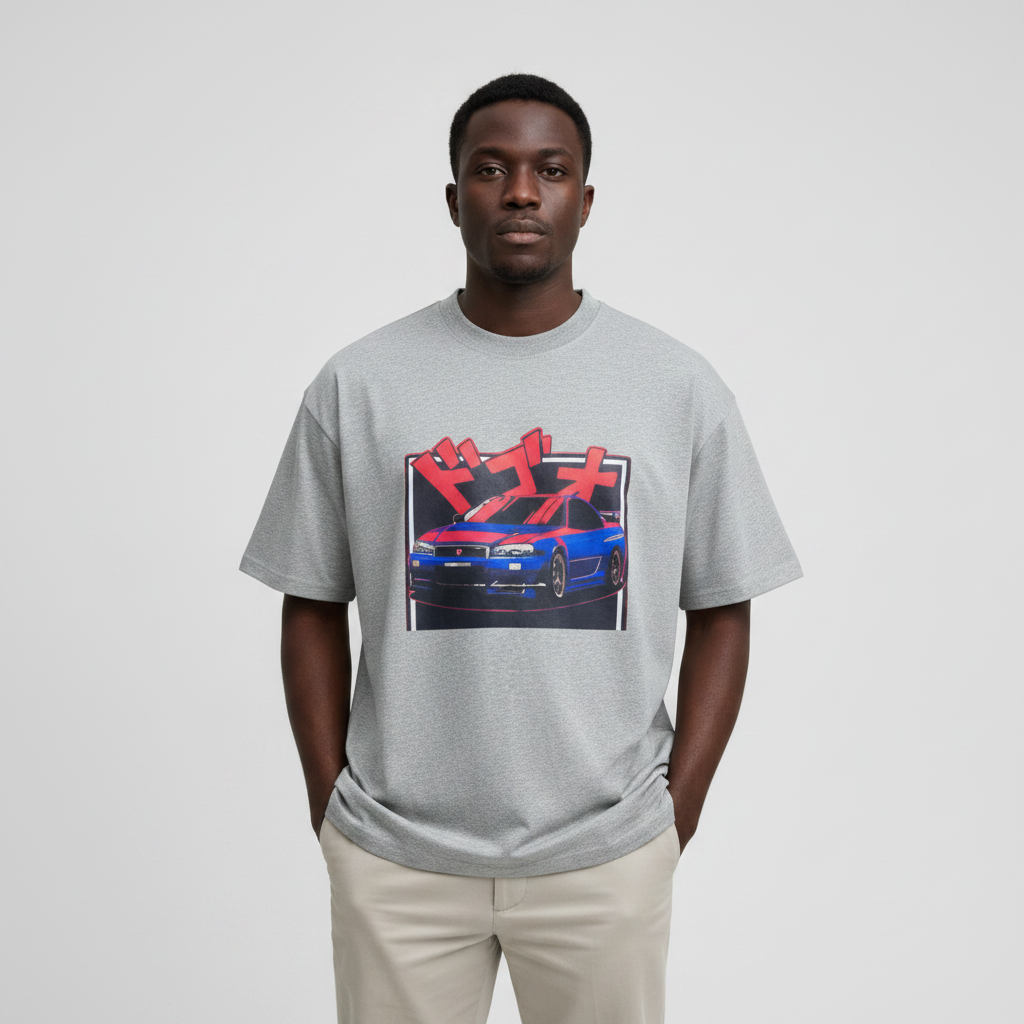 Model wearing the grey Japanese car graphic t-shirt