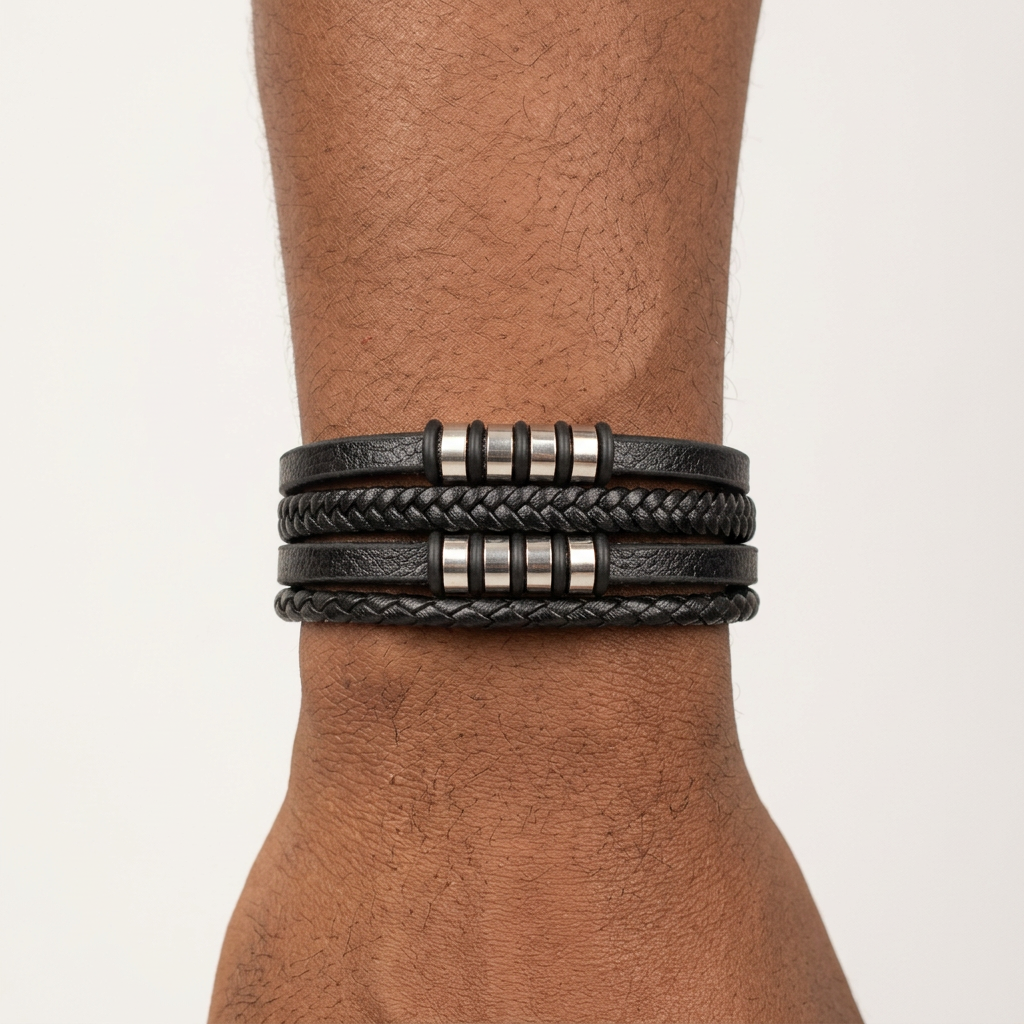 Black layered bracelet with silver-tone barrels worn on a male model's wrist