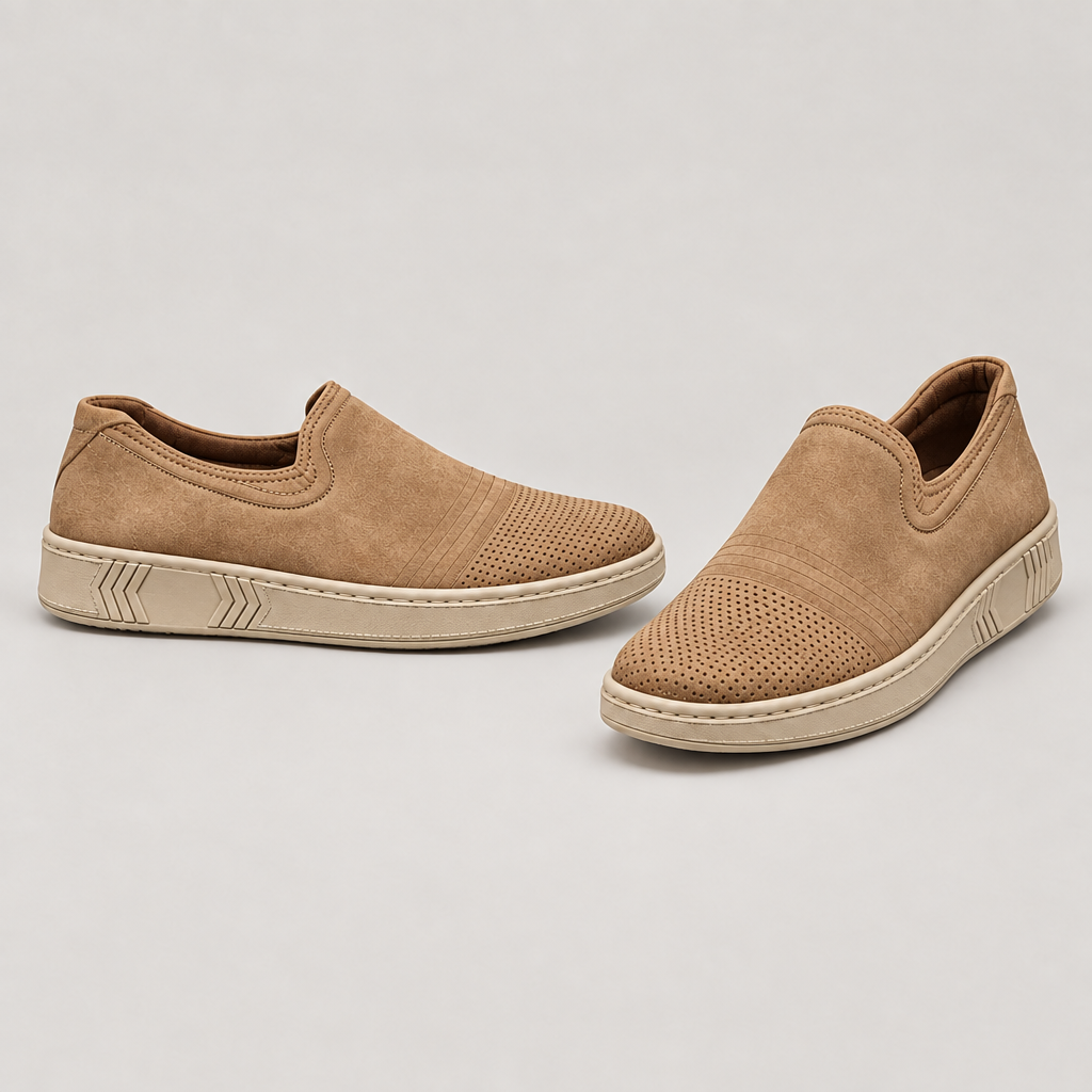 Men's tan perforated slip-on shoes with tonal soles and clean uppers