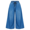 Blue drawstring wide-leg denim palazzo trousers on an invisible mannequin against white