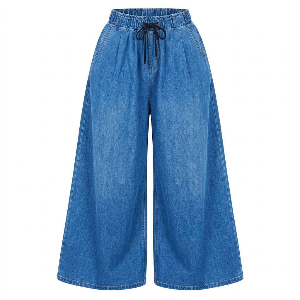 Blue drawstring wide-leg denim palazzo trousers on an invisible mannequin against white