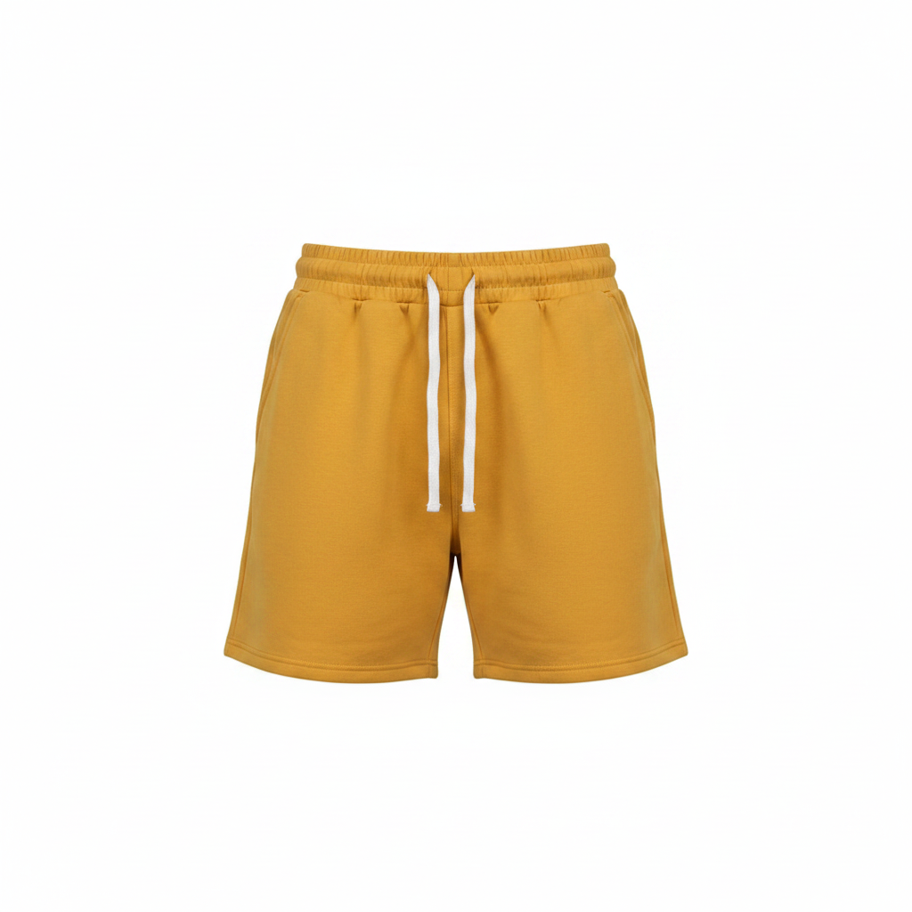 Ghost mannequin front view of mustard golden yellow plain fleece drawstring shorts