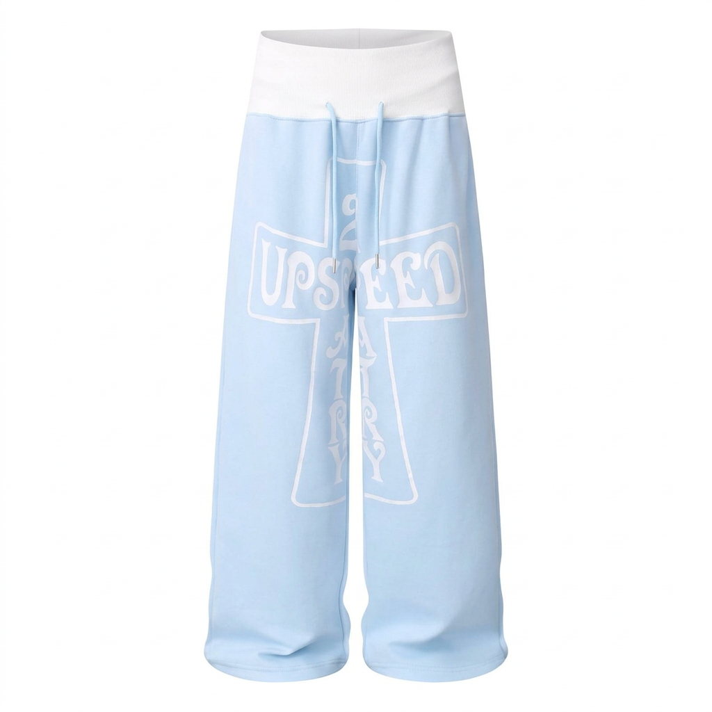 Light-blue wide-leg trousers with white outlined cross graphic