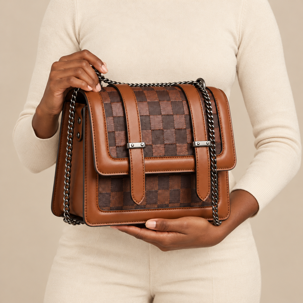 Hand-focused model holding chestnut brown checker-panel shoulder bag