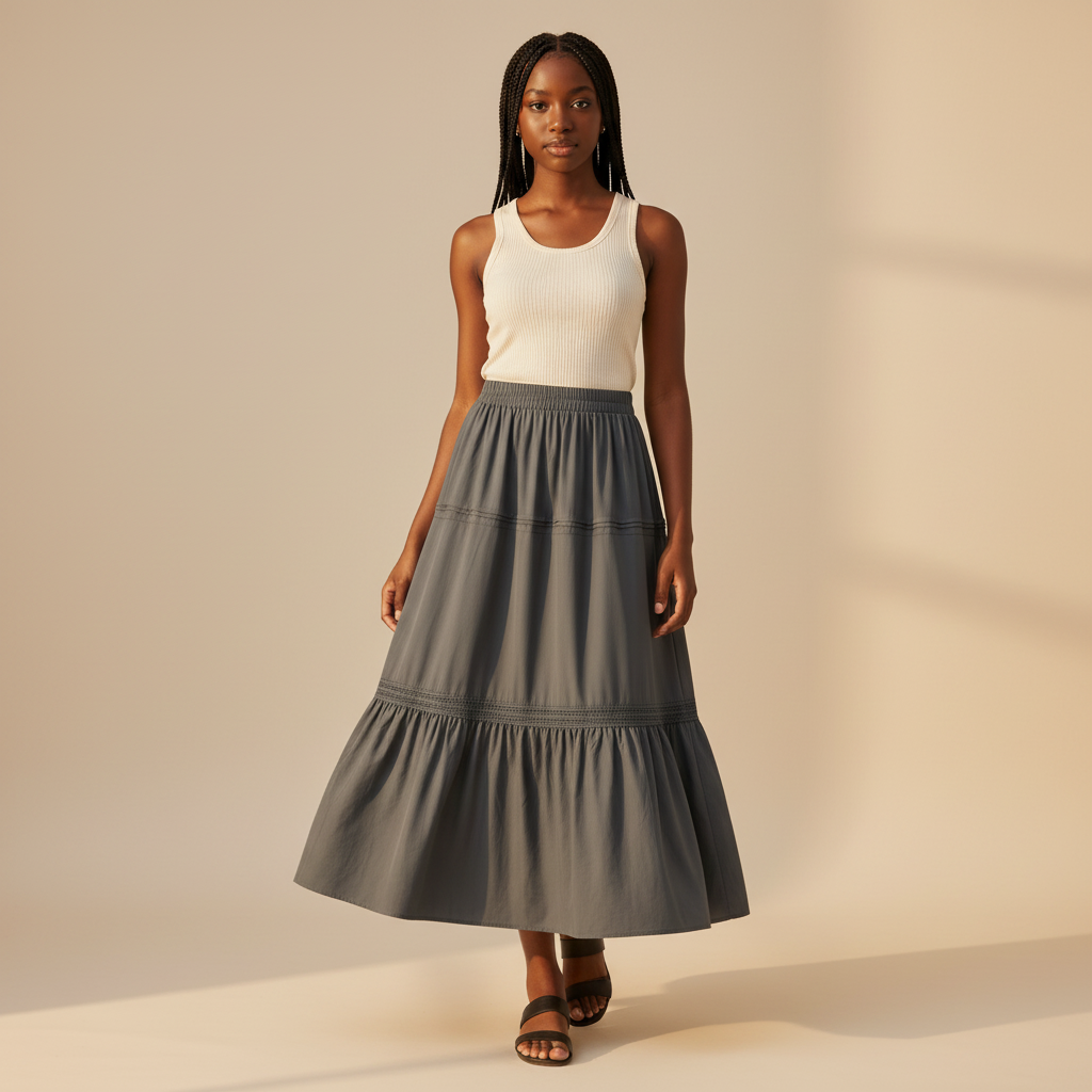 Nigerian girl wearing charcoal grey tiered midi skirt - front view