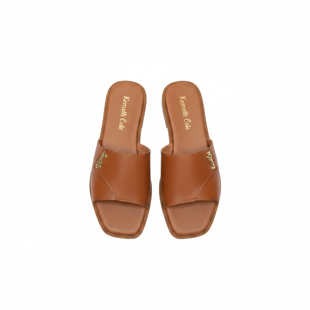 Ghost mannequin pair view of tan brown leather wide strap pointed toe flat slide mules