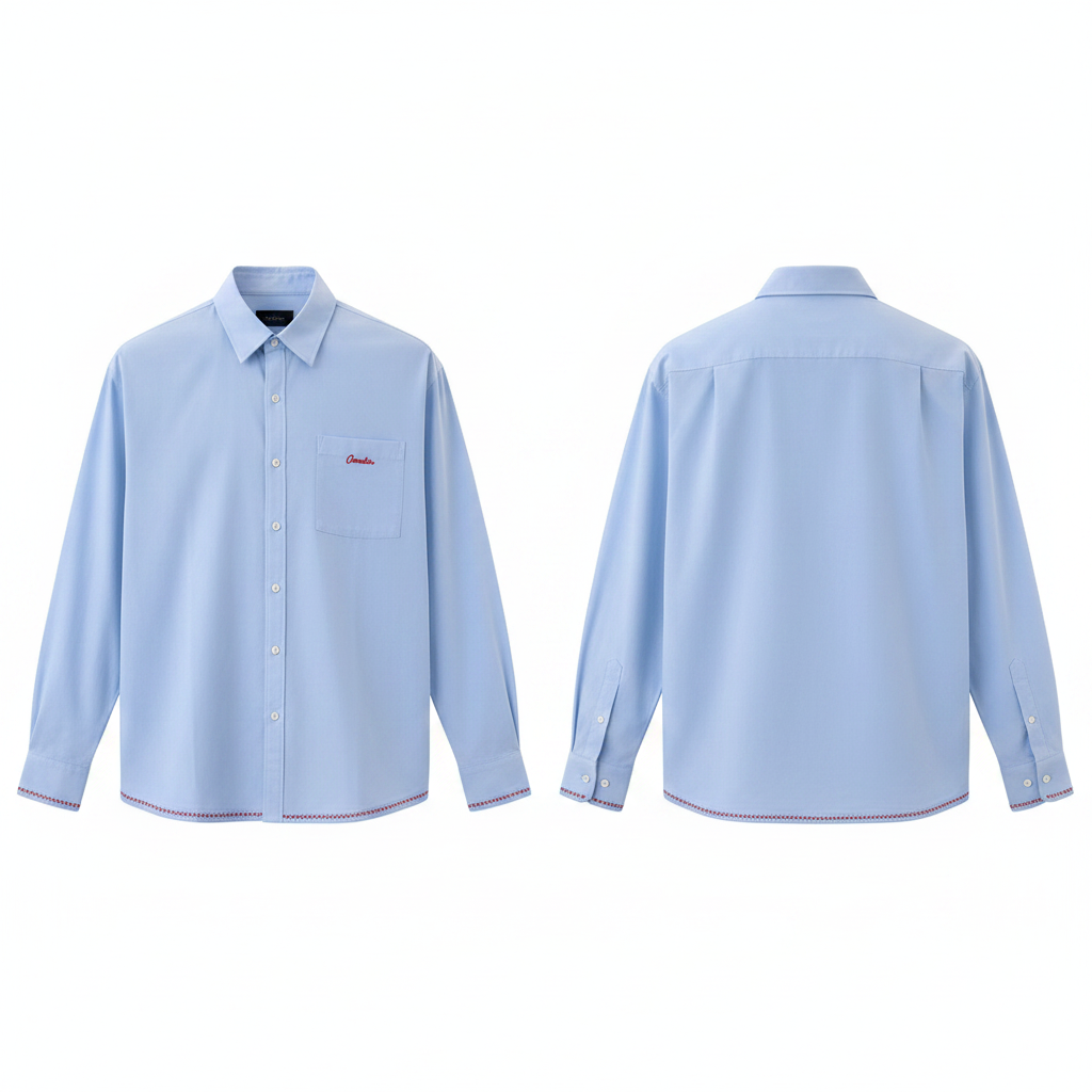 Men's light blue embroidered logo chevron hem long-sleeve shirt ghost mannequin front and back view