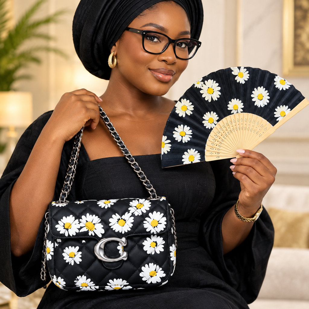 Nigerian woman wearing glasses carrying daisy bag and folding fan