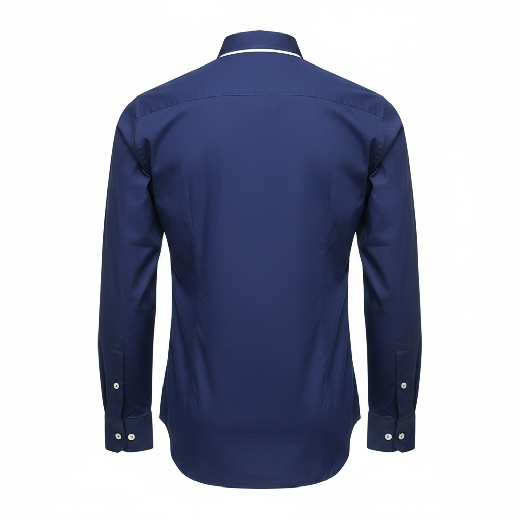 Navy blue plain long-sleeved shirt ghost mannequin back view
