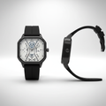 White dial black square skeleton-style wristwatch shown from the front and side