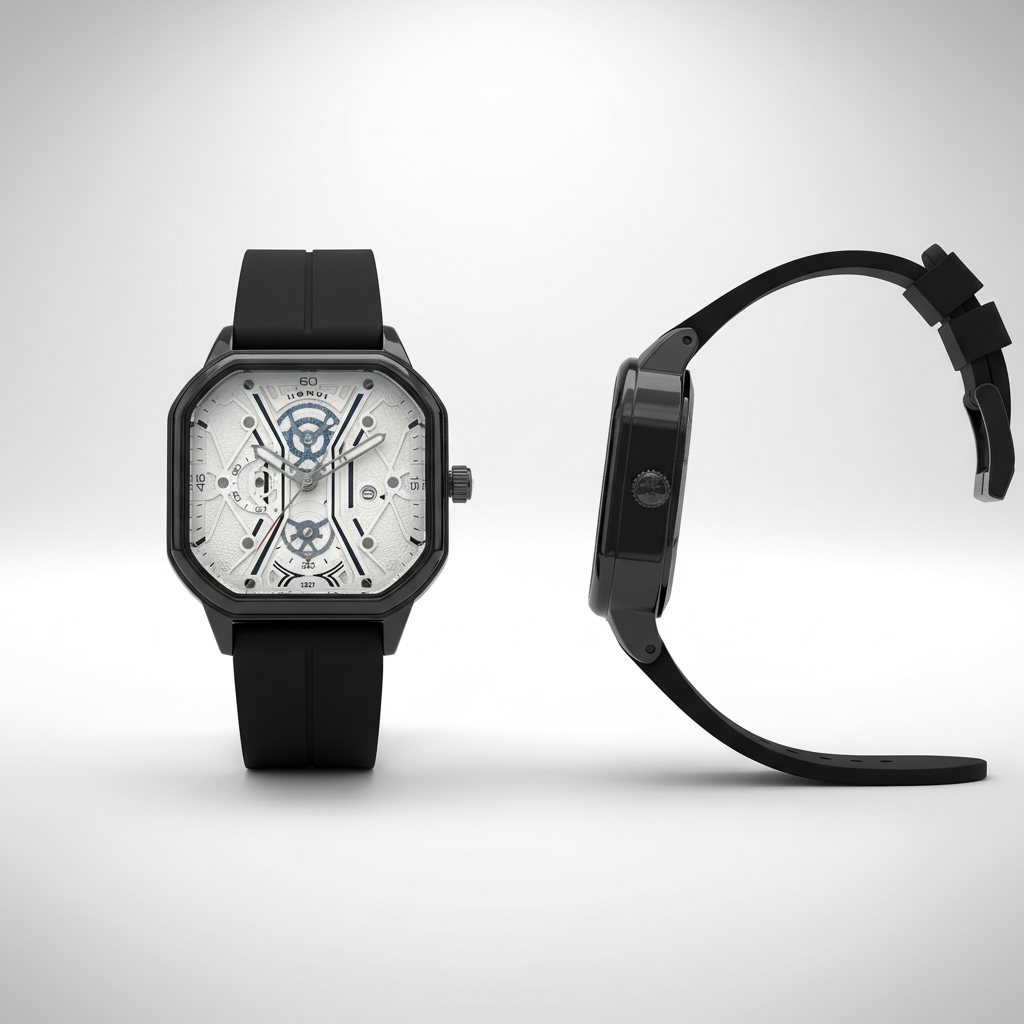 White dial black square skeleton-style wristwatch shown from the front and side