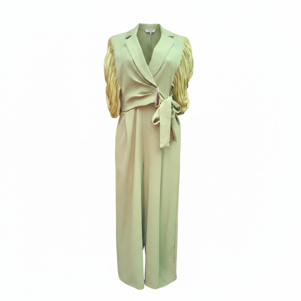 Women's sage green fringe sleeve wrap bow wide-leg jumpsuit - ghost mannequin front view