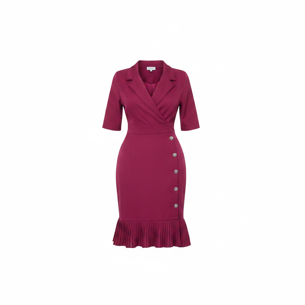 Ghost mannequin view of women's magenta wrap midi dress with ruffle hem