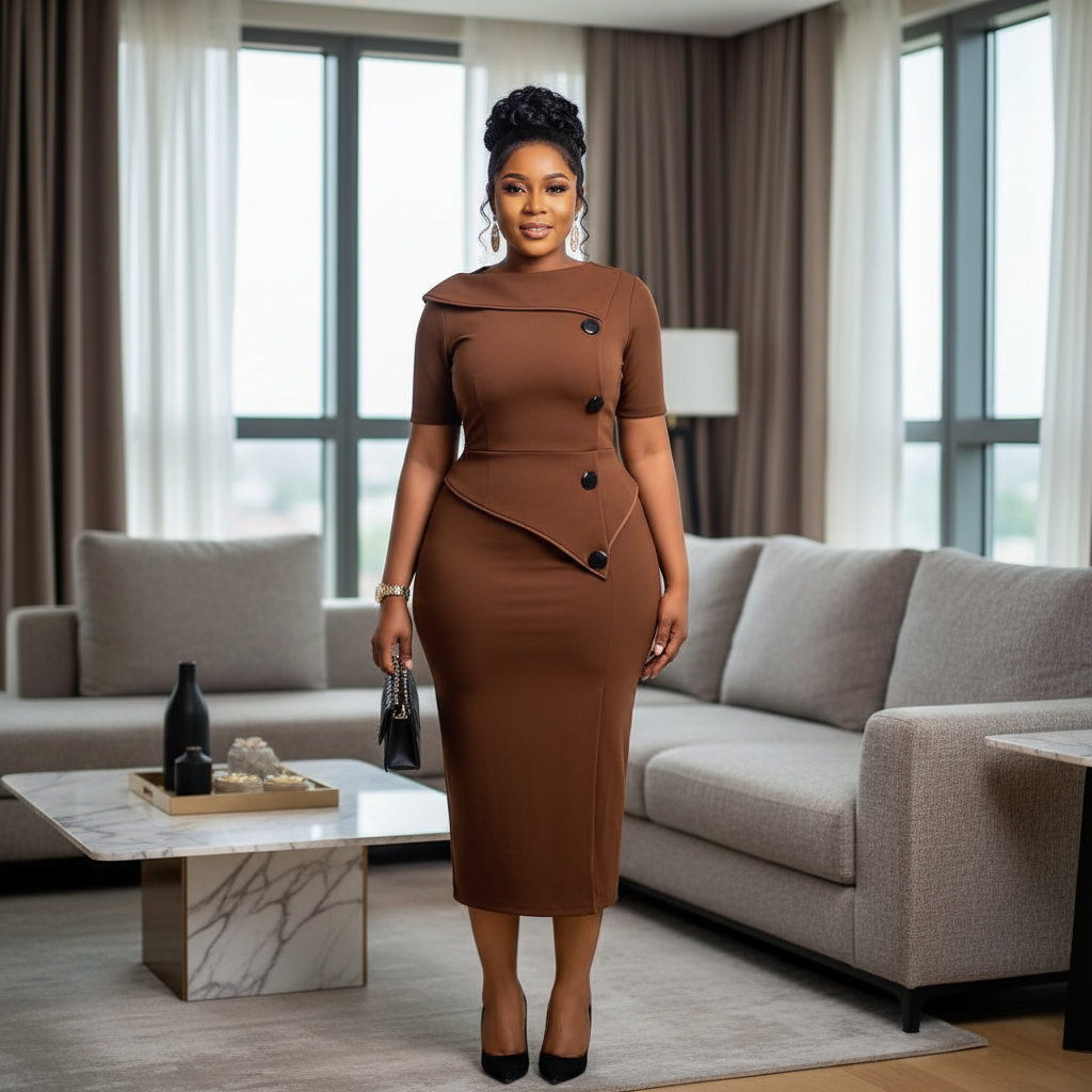 Nigerian woman wearing brown buttoned bodycon midi dress