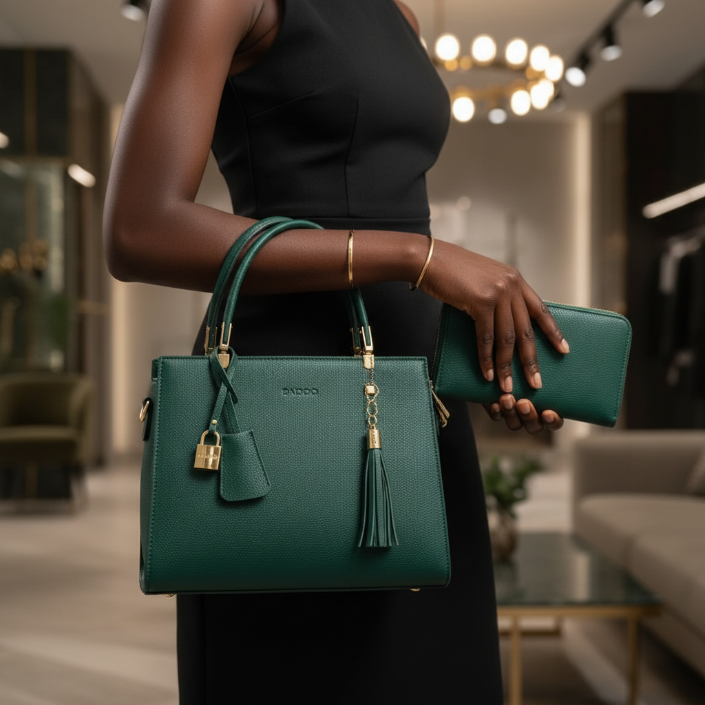 Black Nigerian woman holding emerald green pebbled leather handbag with matching wallet and gold padlock charm