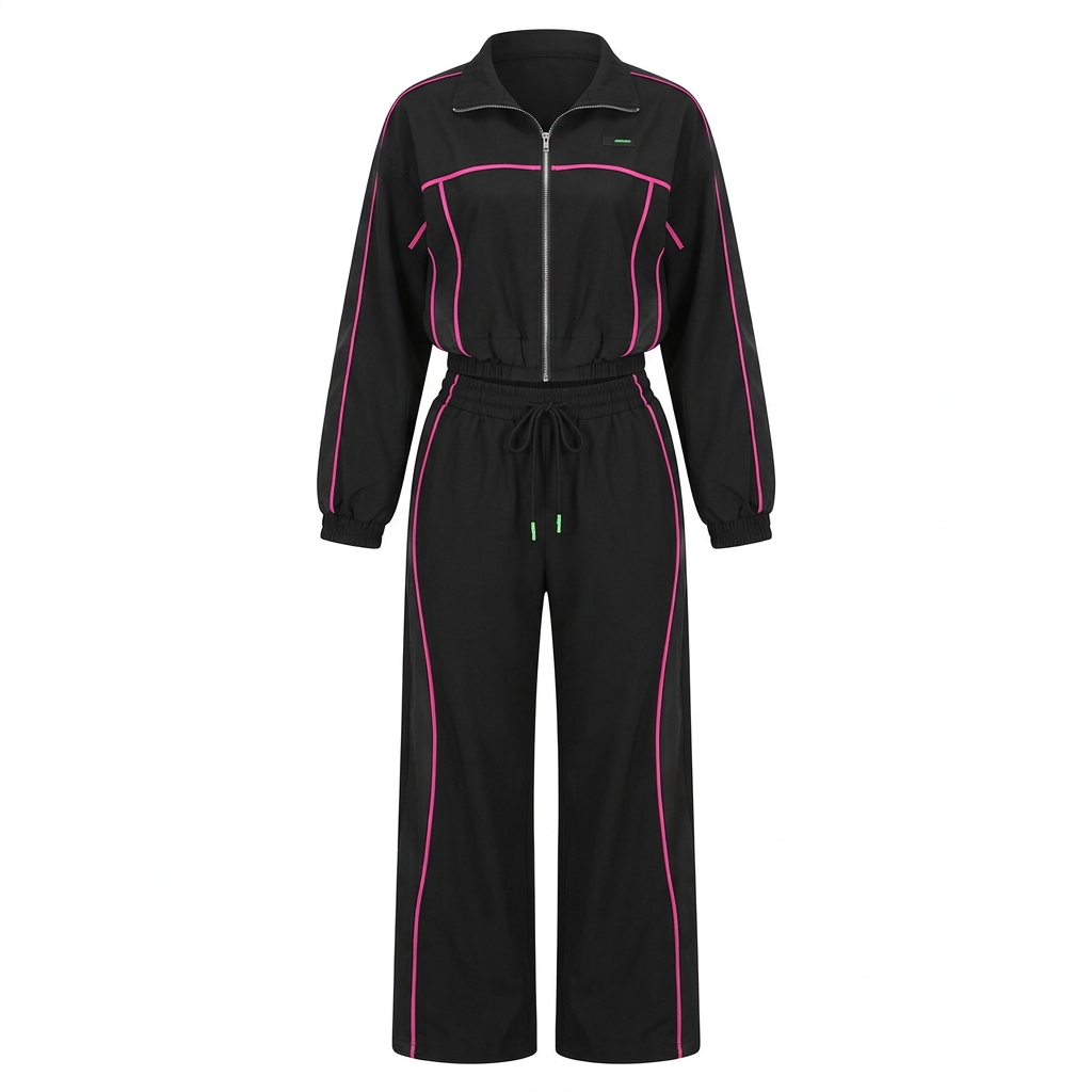 Black pink-piping wide-leg tracksuit set on an invisible mannequin