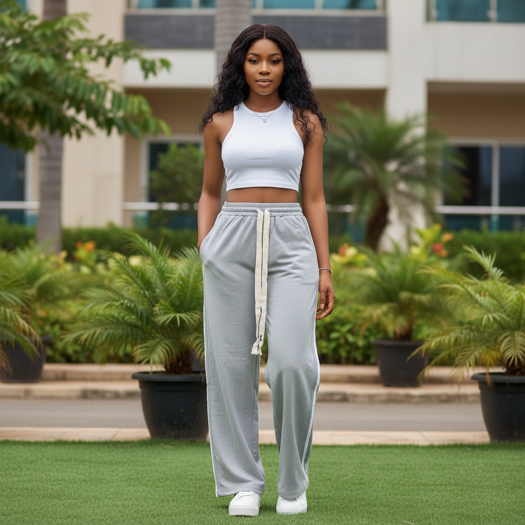Women's light grey wide-leg drawstring side stripe trousers - model shot