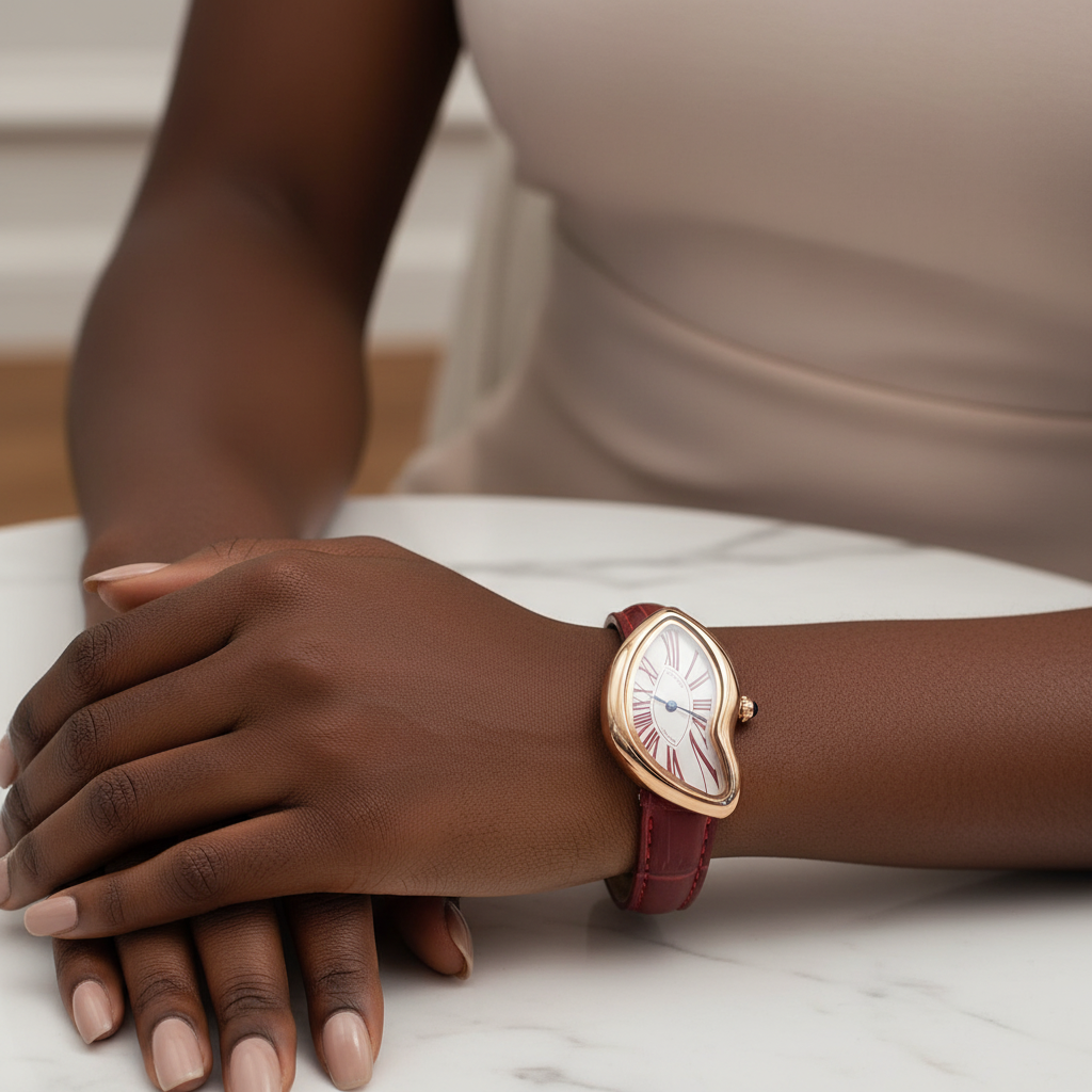 Black Nigerian woman wrist shot wearing asymmetric rose gold watch