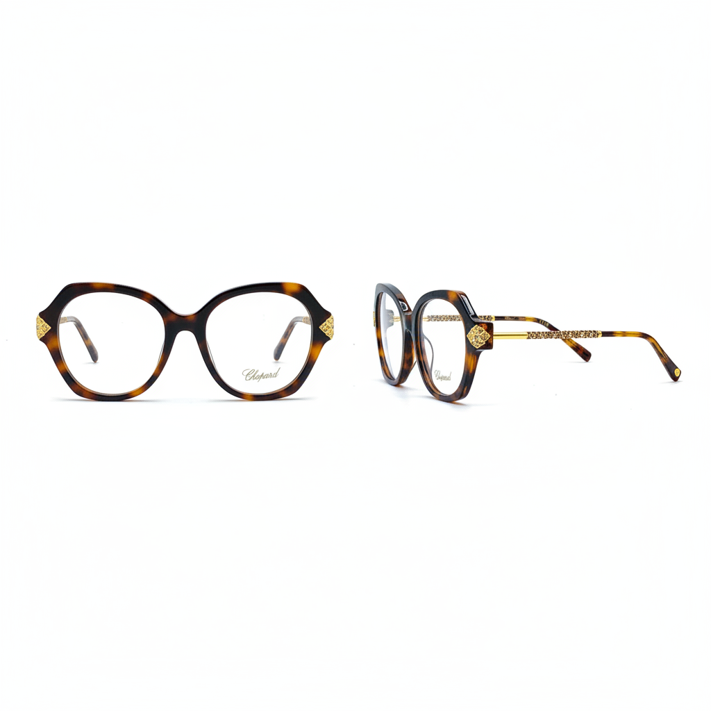 Unisex oversized round brown tortoise optical eyeglasses with gold hinge detail – front and side view on white background
