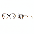 Unisex oversized round brown tortoise optical eyeglasses with gold hinge detail – front and side view on white background
