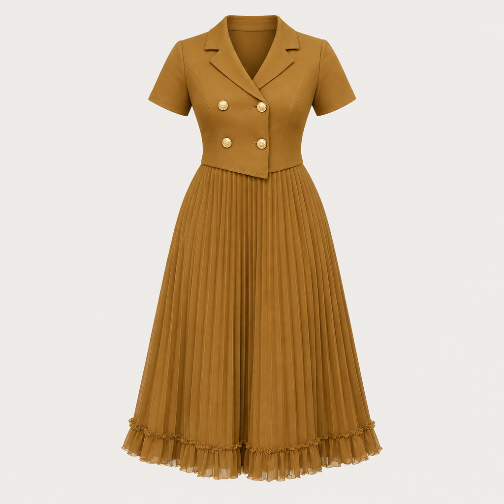 Mustard gold lapel pleated dress on invisible mannequin