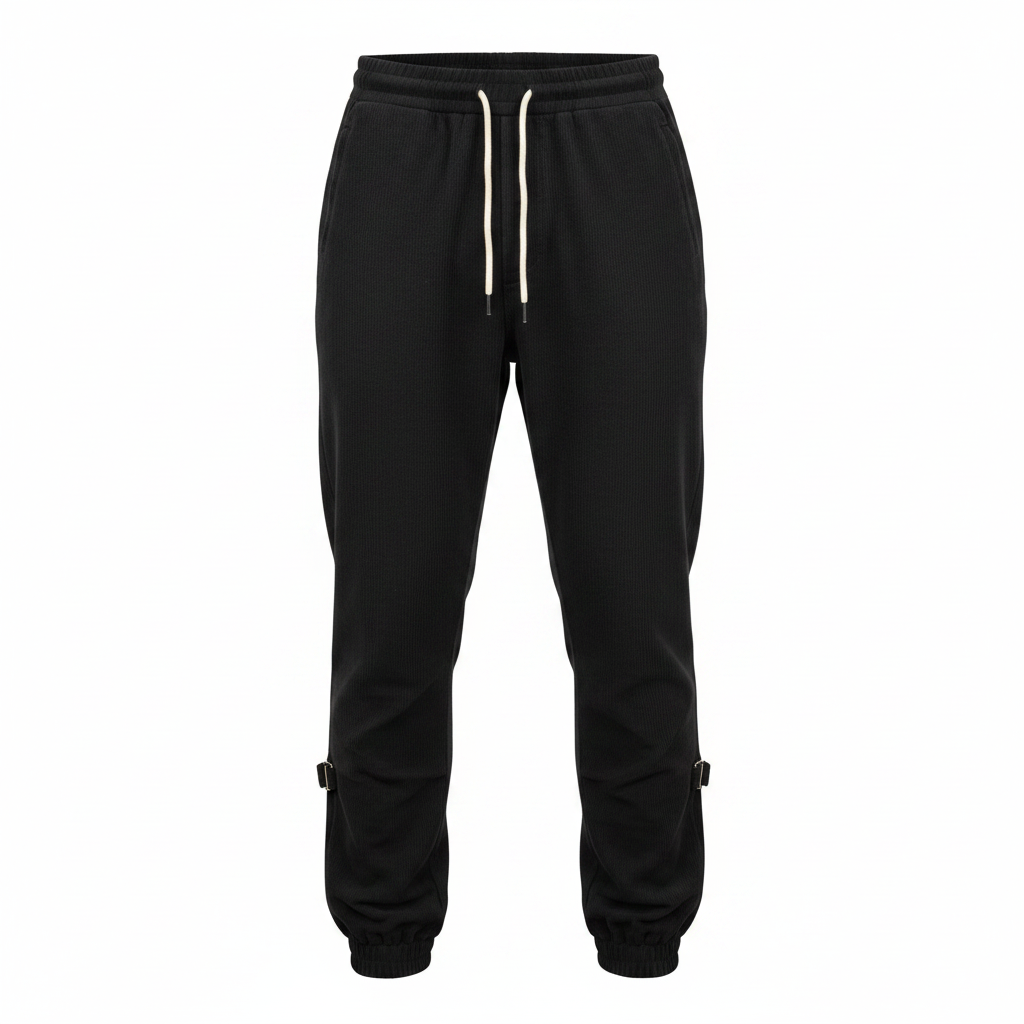 Black ribbed utility jogger pants with zip waist and clip hardware ghost mannequin front view