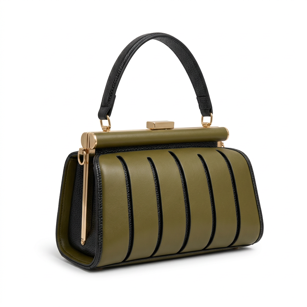 Olive structured top-handle frame handbag with black trim on white