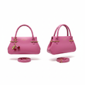 Pink fuchsia leather mini handbag ghost mannequin front and side view with red cherry charm and crossbody strap