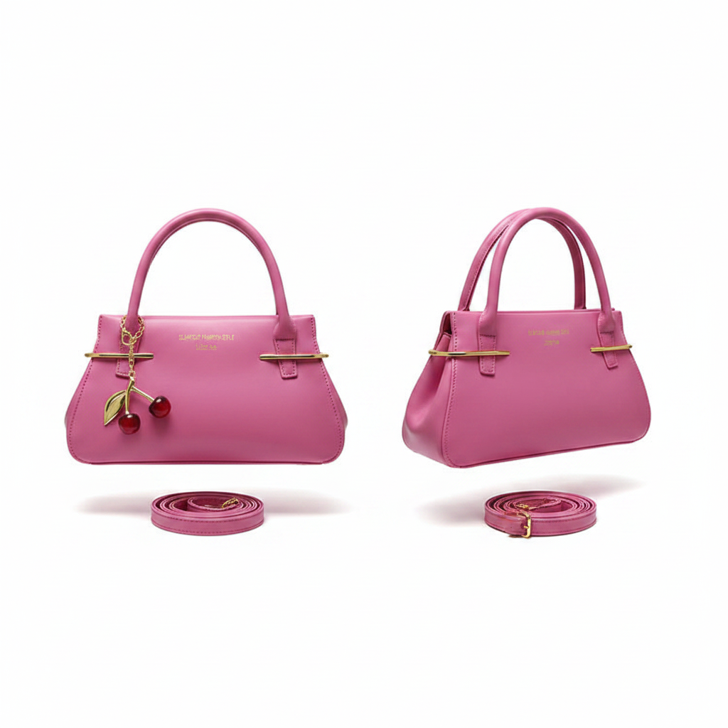 Pink fuchsia leather mini handbag ghost mannequin front and side view with red cherry charm and crossbody strap