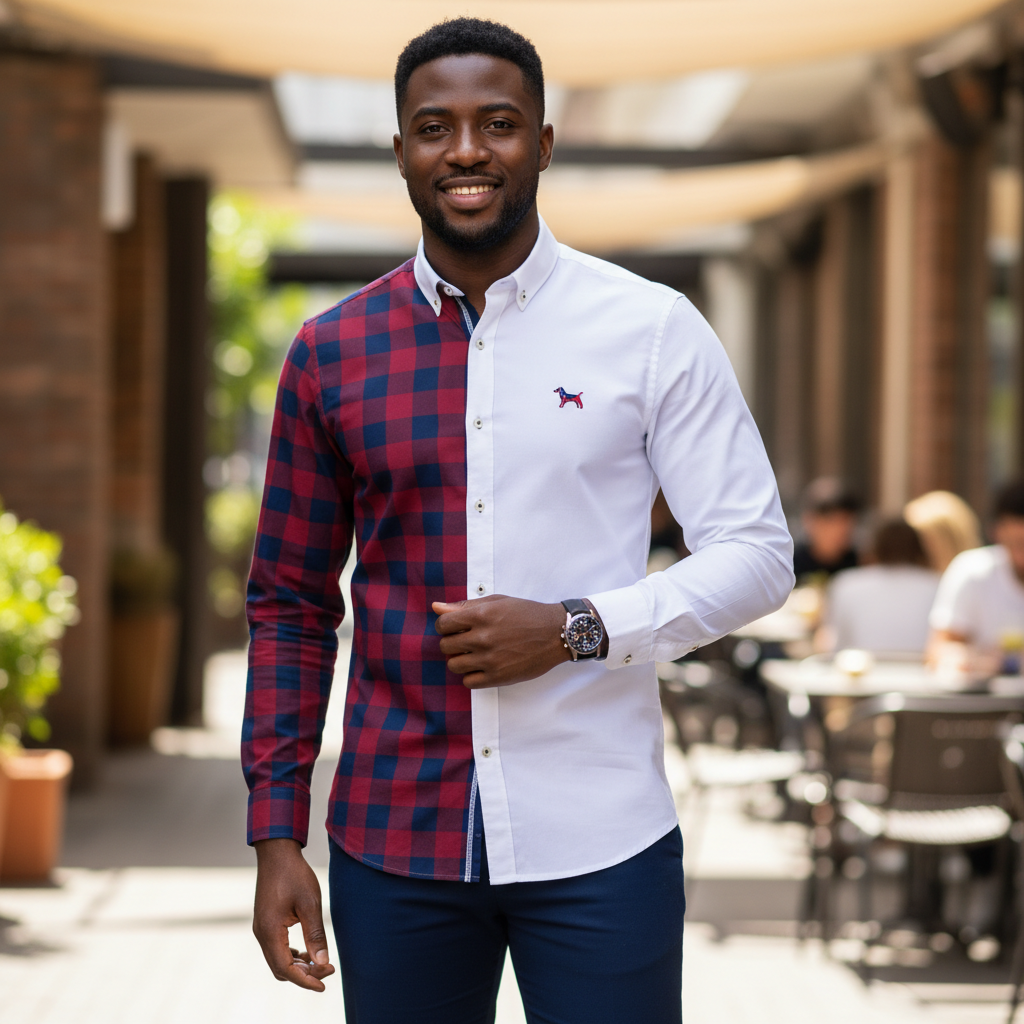 Nigerian male model wearing White and Burgundy Plaid Split-Panel Long-Sleeve Button-Down Shirt with Embroidered Dog Motif