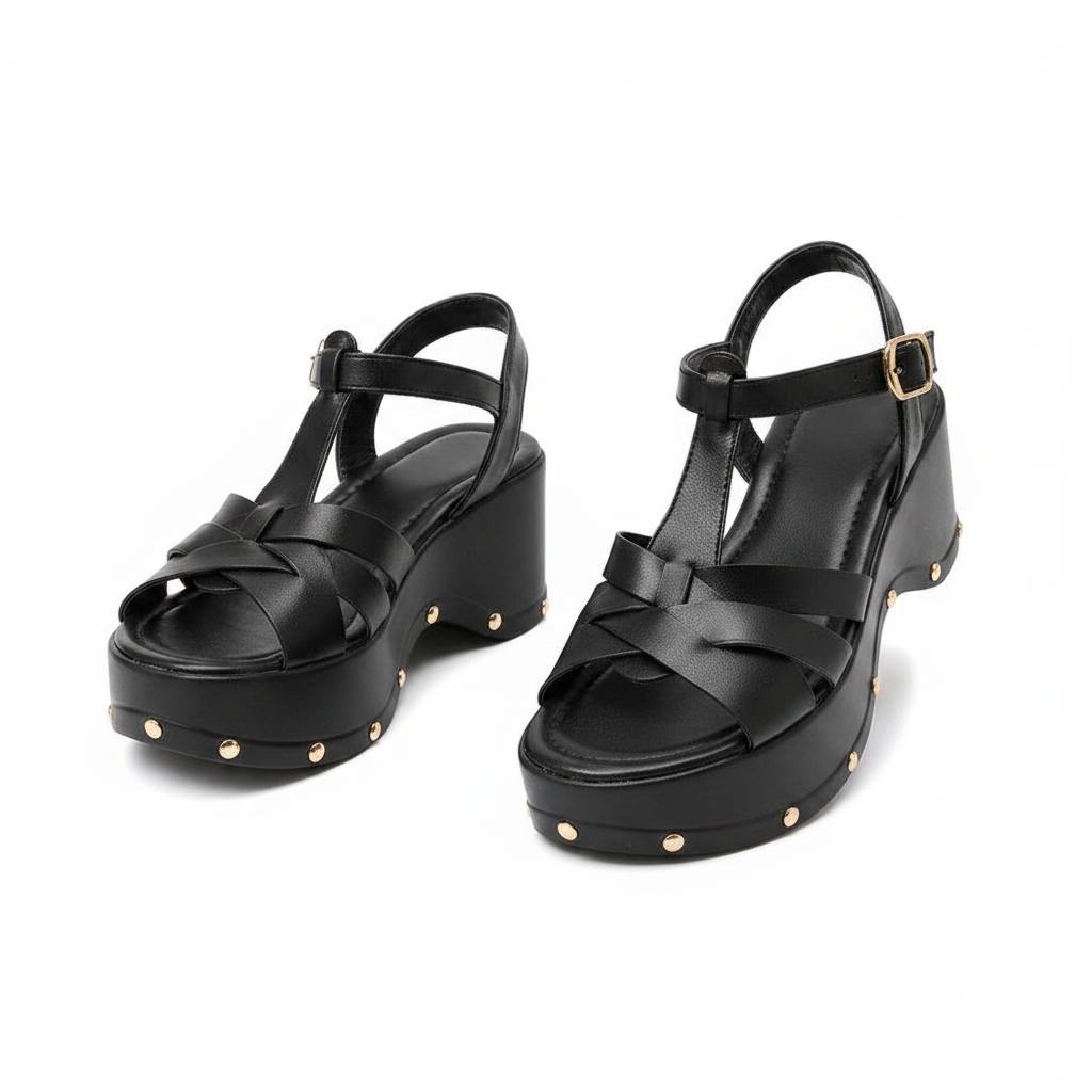 Women's T-Bar Platform Wedge Sandal - Black Colourway Ghost Mannequin