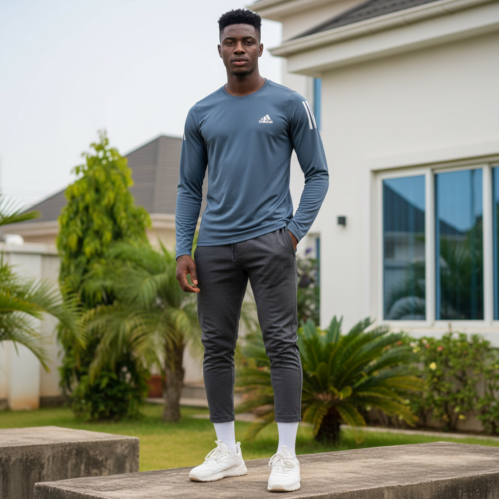 Men's Steel Blue Long-Sleeve Athletic Performance Shirt – Nigerian Male Model