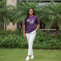 Women's deep purple rhinestone crystal dual butterfly graphic crew neck tee - model shot