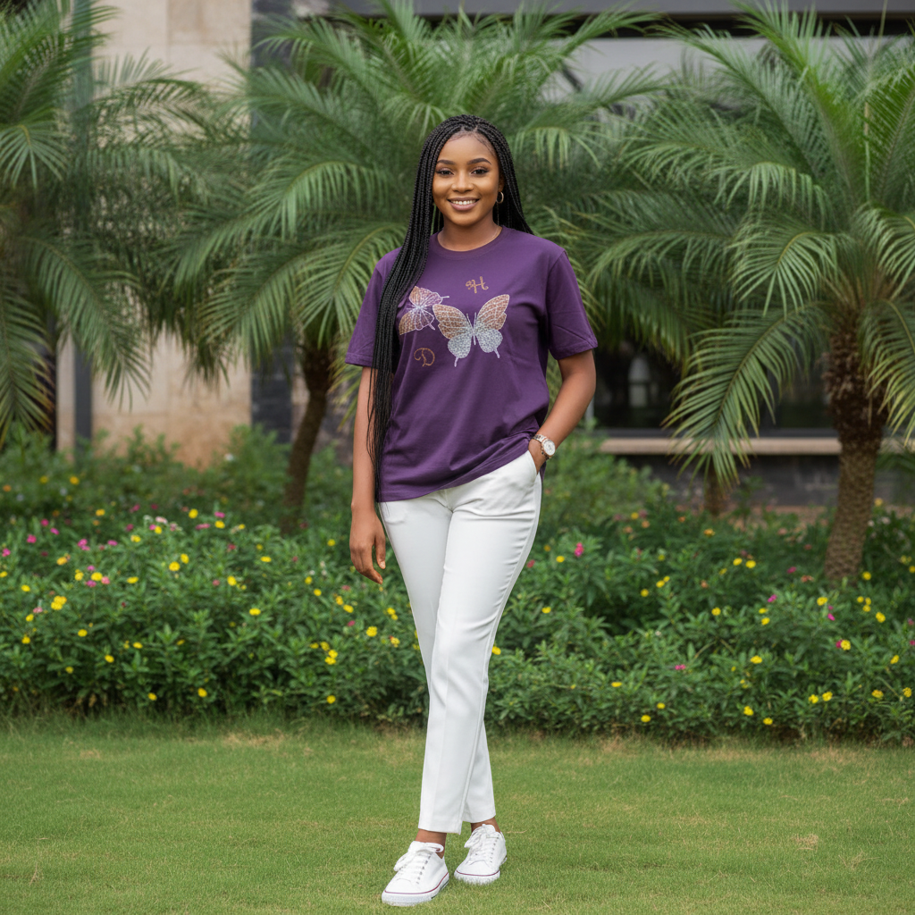 Women's deep purple rhinestone crystal dual butterfly graphic crew neck tee - model shot