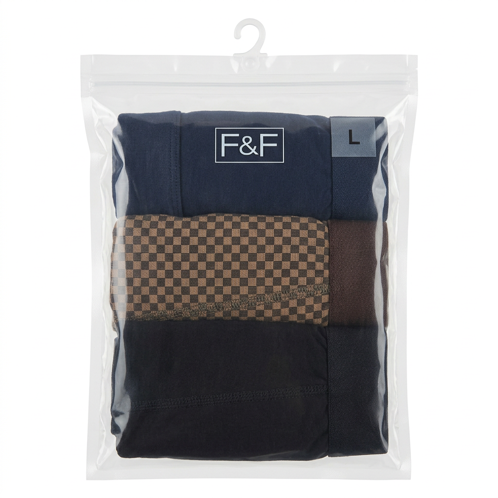 AI-generated three-pack of navy, brown check and black boxer briefs in clear packaging
