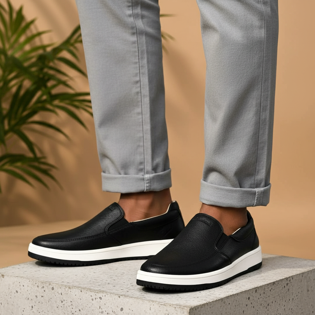 Men's Black Leather Slip-On Loafer – Leg Focus Model Shot